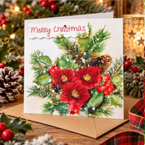 Merry Christmas Card Hellebores and Holly Personalised Option