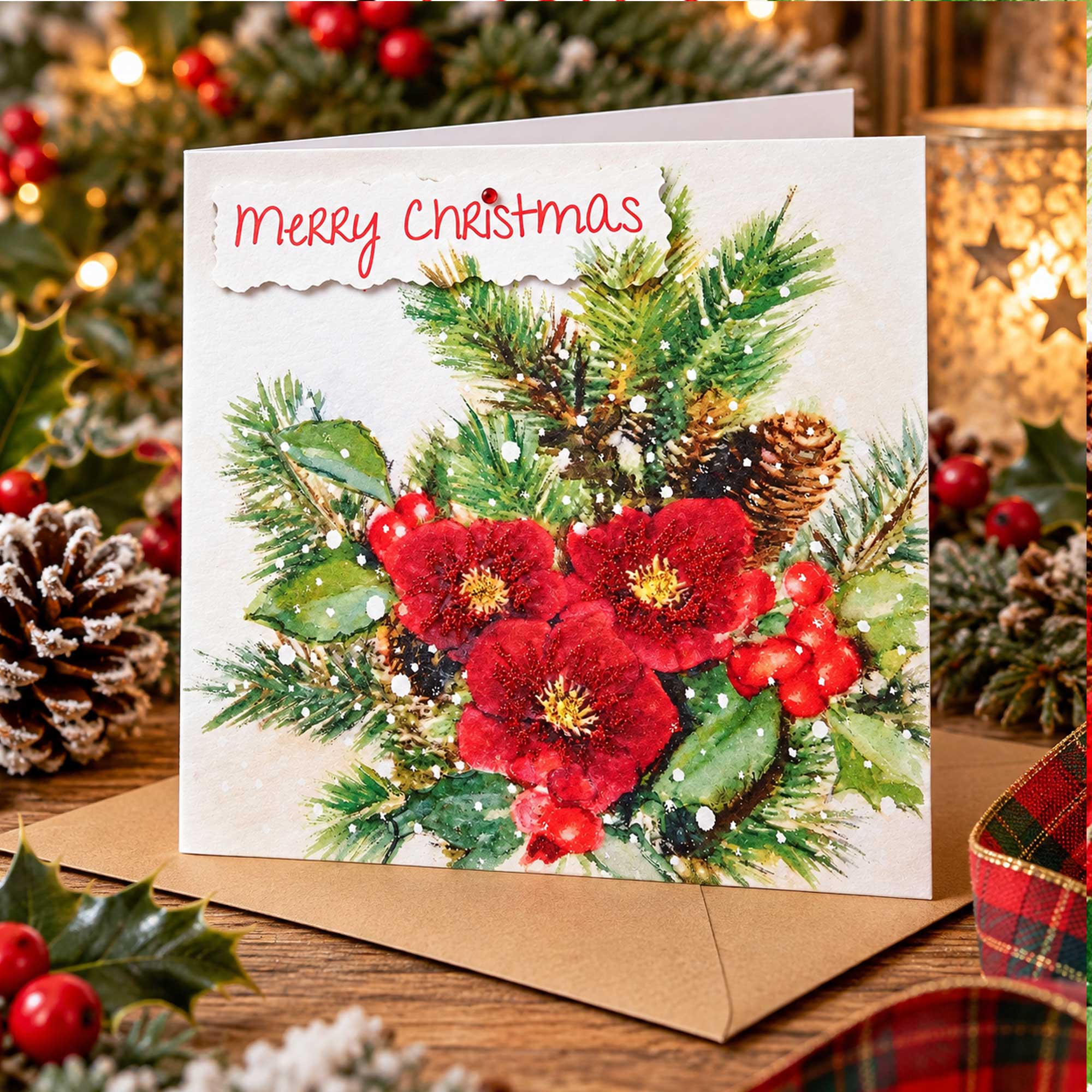 Merry Christmas Card Hellebores and Holly Personalised Option