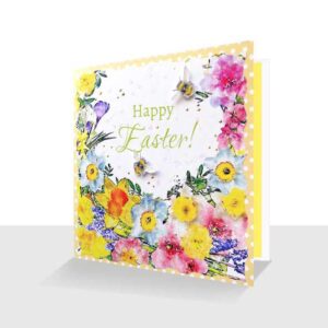 Spring Flowers Easter Card- Daffodils- Crocus- Bee Card- Handmade