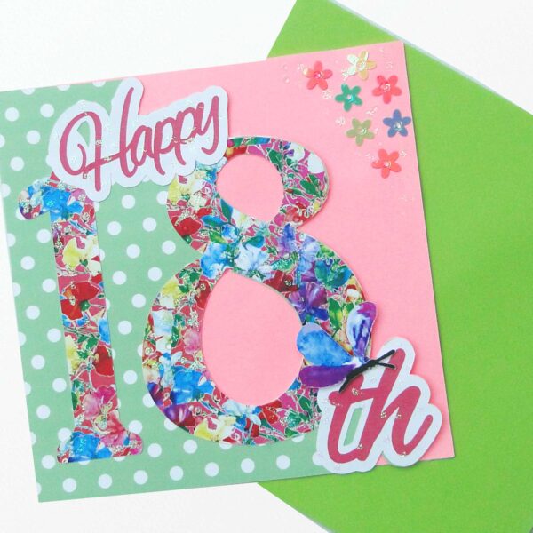 18th Birthday Card : Handmade Blank Inside Green and Pink - Image 2