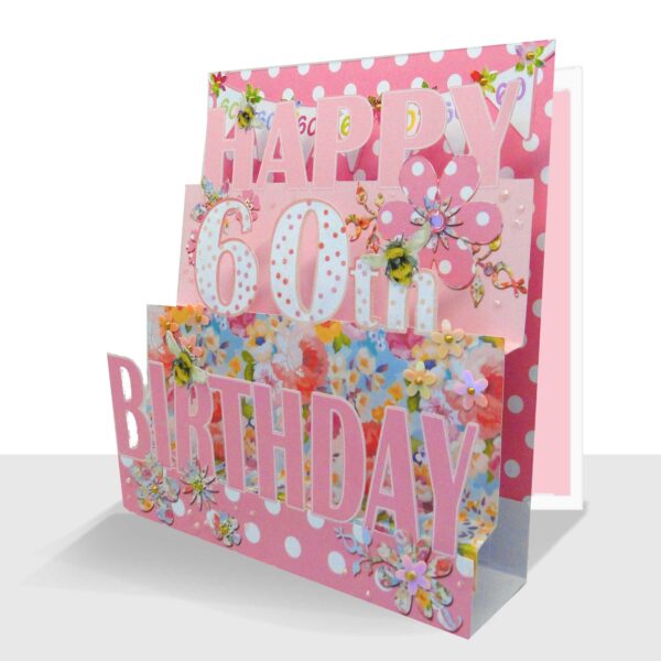 60th Birthday Card 3D- Luxury Pink Pop Up Handmade