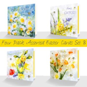 Happy Easter Luxury Cards Set B 4 Pack Assorted-Spring Flowers Narcissus Daffodils Tulip