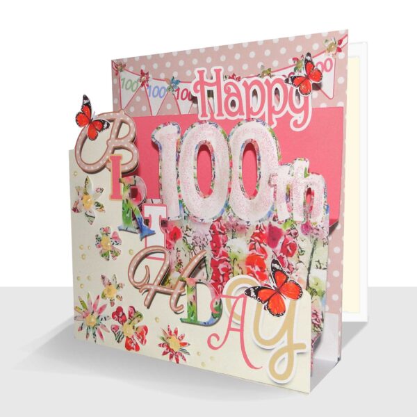 Pop Up 100th Birthday Card - Luxury 3D Handmade Pink Floral