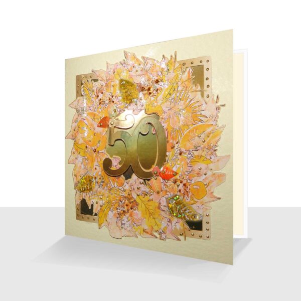 A 50th Greeting Card ideal for anyone celebrating a 50th occasion. The design of rich golds 50  in a leaf watercolour design with shiny metallic gold background and a raised number 50. Hand finished with lots of added sparkle, and shiny gold leaves and gold pearl effect, these greetings cards are mounted on to a quality cream textured (FSC rated card stock). They are left blank for special messages and supplied with a white envelope and protected in a clear film sleeve. A lovely large size approx. 15cm x 15cm (5 3/4" x 5 3/4") 50th Anniversary Card - 50th Birthday Card - or Celebrating 50 years!