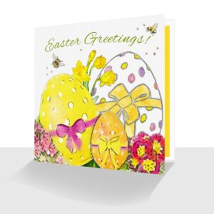 Pretty Easter Greetings Card - Daffodils, Easter Eggs and Bees