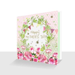 Happy Mother's Day Card with Pink Roses and Bees
