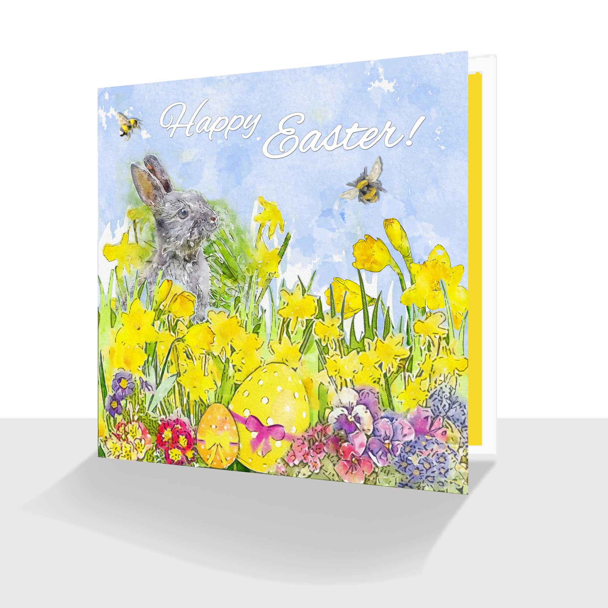 Cute Happy Easter Card - Easter Bunny, Spring Flowers, Easter Eggs and Bees
