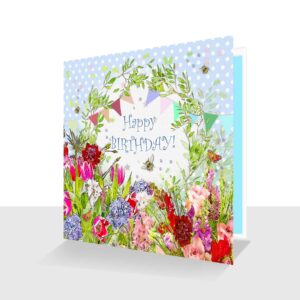 Pretty Happy Birthday Card Spring Flowers with Bee