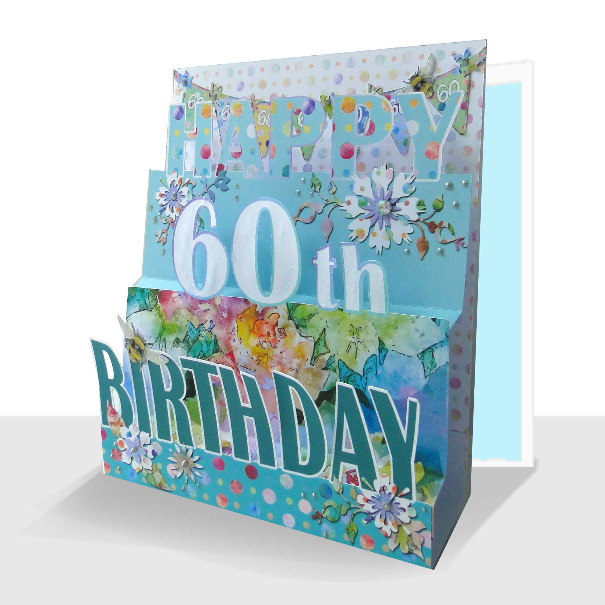 3D 60th Birthday Card - Luxury Handmade Aqua Floral Spots