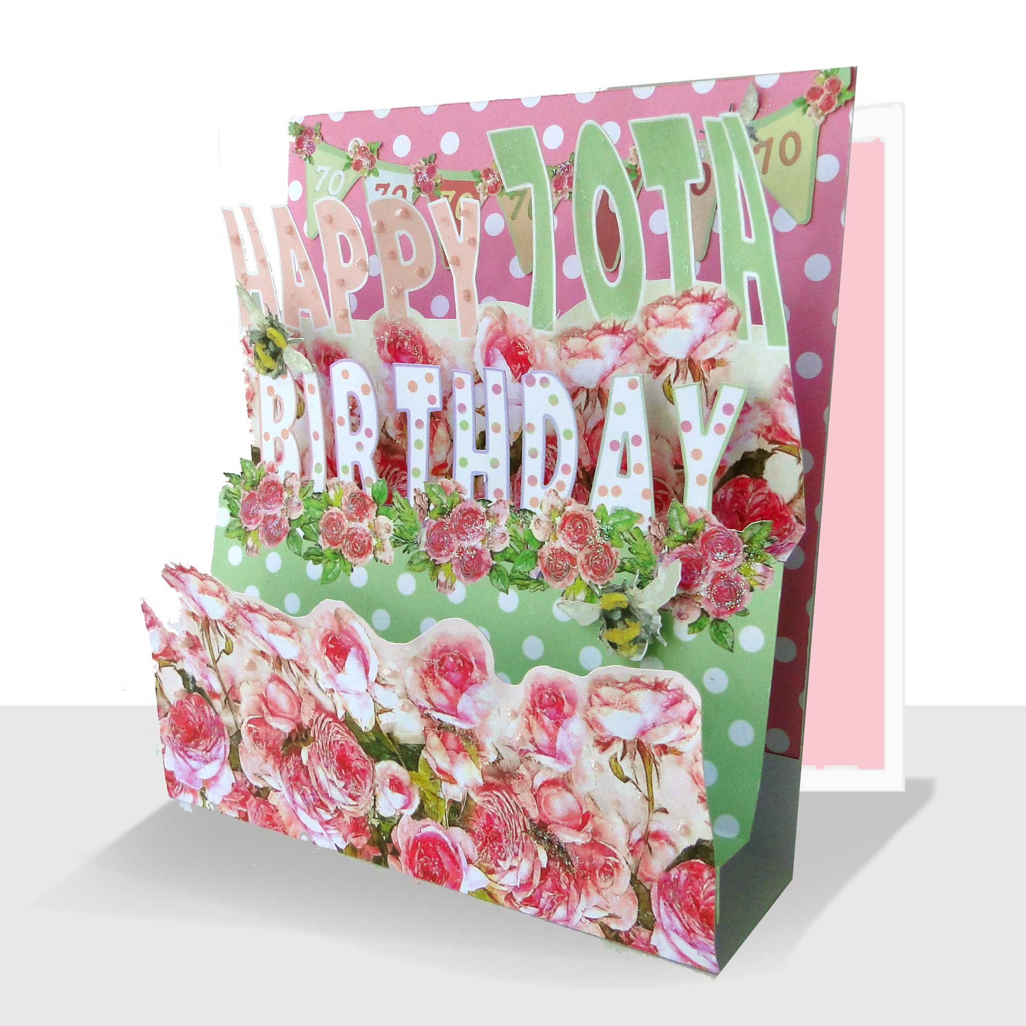 3D 70th Birthday Card - Luxury Pink Roses Pop Up Handmade