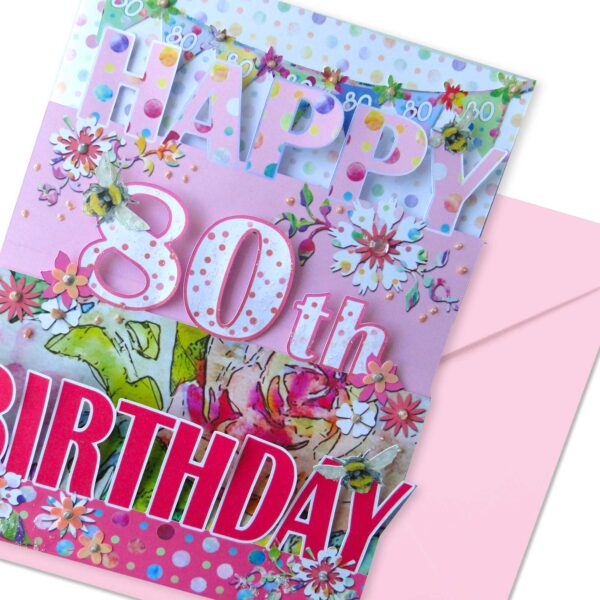 80th Birthday Card 3D- Luxury Pink Pop Up Handmade
