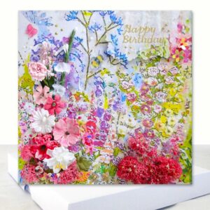 Extra Special Birthday Card Luxury Boxed Happy Birthday Cottage Garden Design Pink with a cottage garden flowers has a 3d flower display