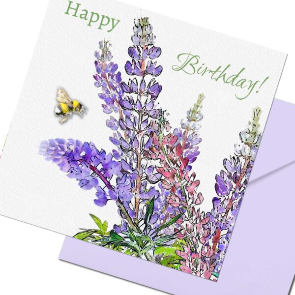 Lupins Happy Birthday Card Watercolour Flowers with Bee