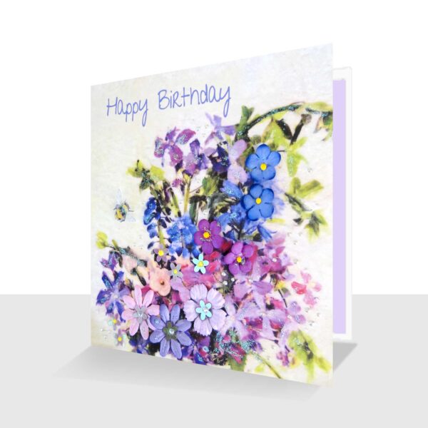 Happy Birthday Card Bluebells and Honesty Hand Embellished