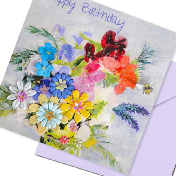 Happy Birthday Card Sweet Peas Hand Embellished with mulberry flowers, liquid pearls sequins,, sparkle and a bee
