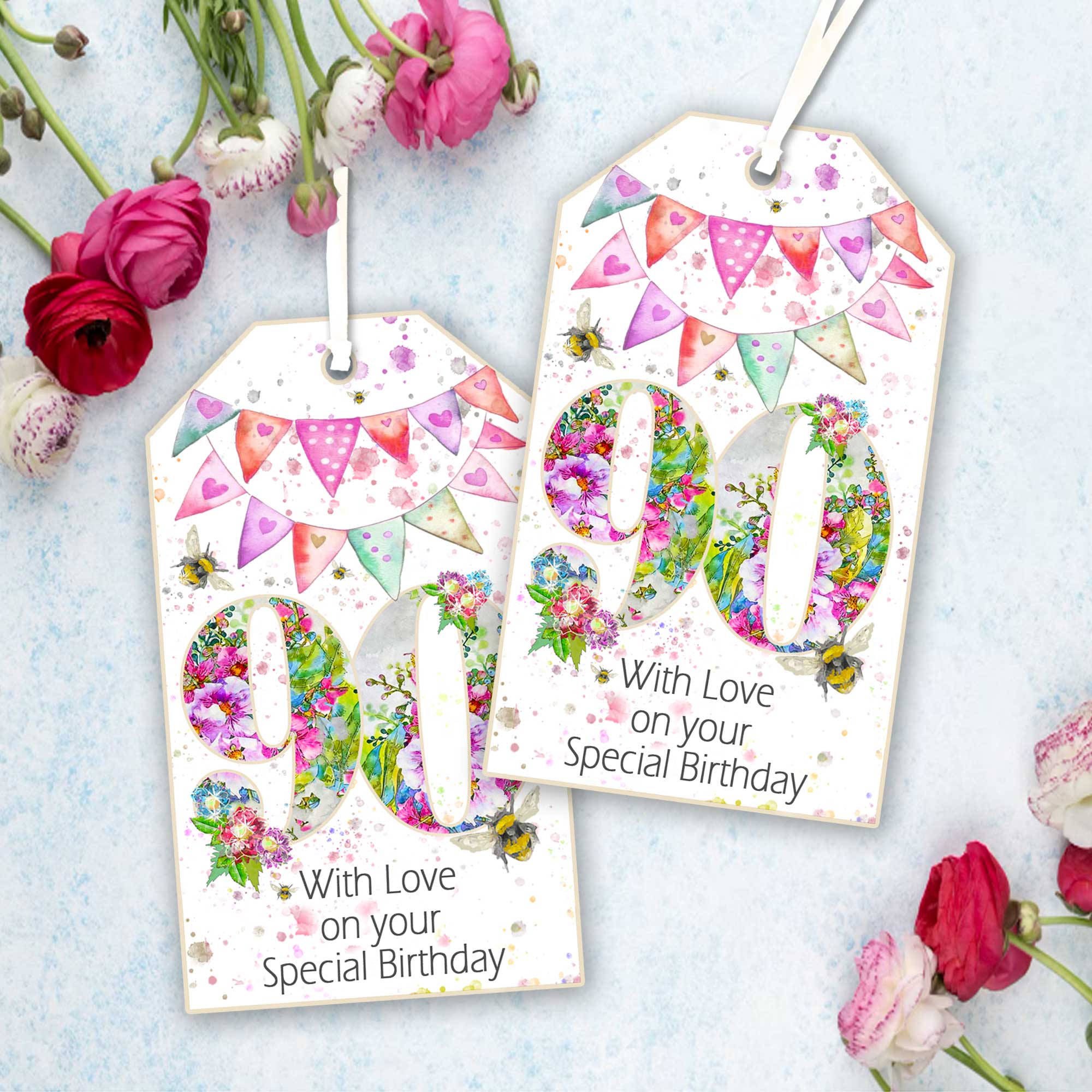 Embellished 90th Gift Tag - Pink Floral Design