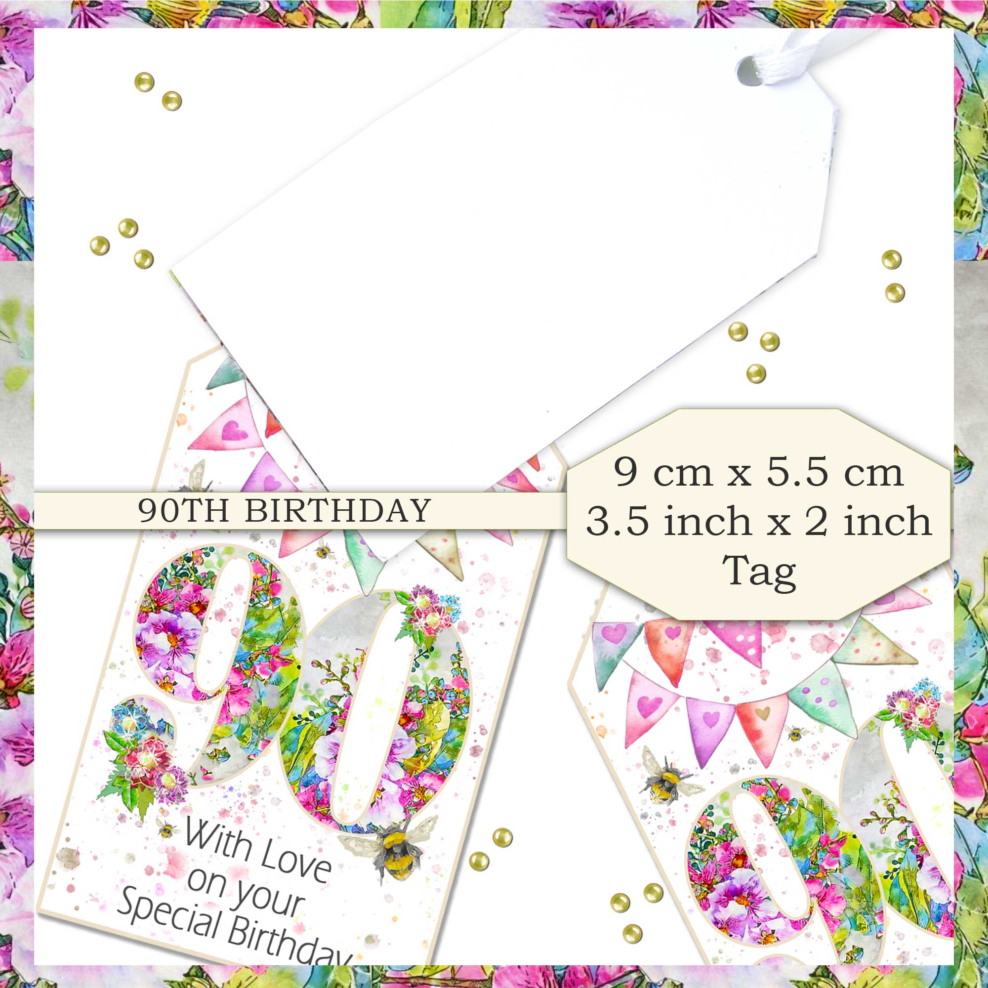 Embellished 90th Gift Tag - Pink Floral Design