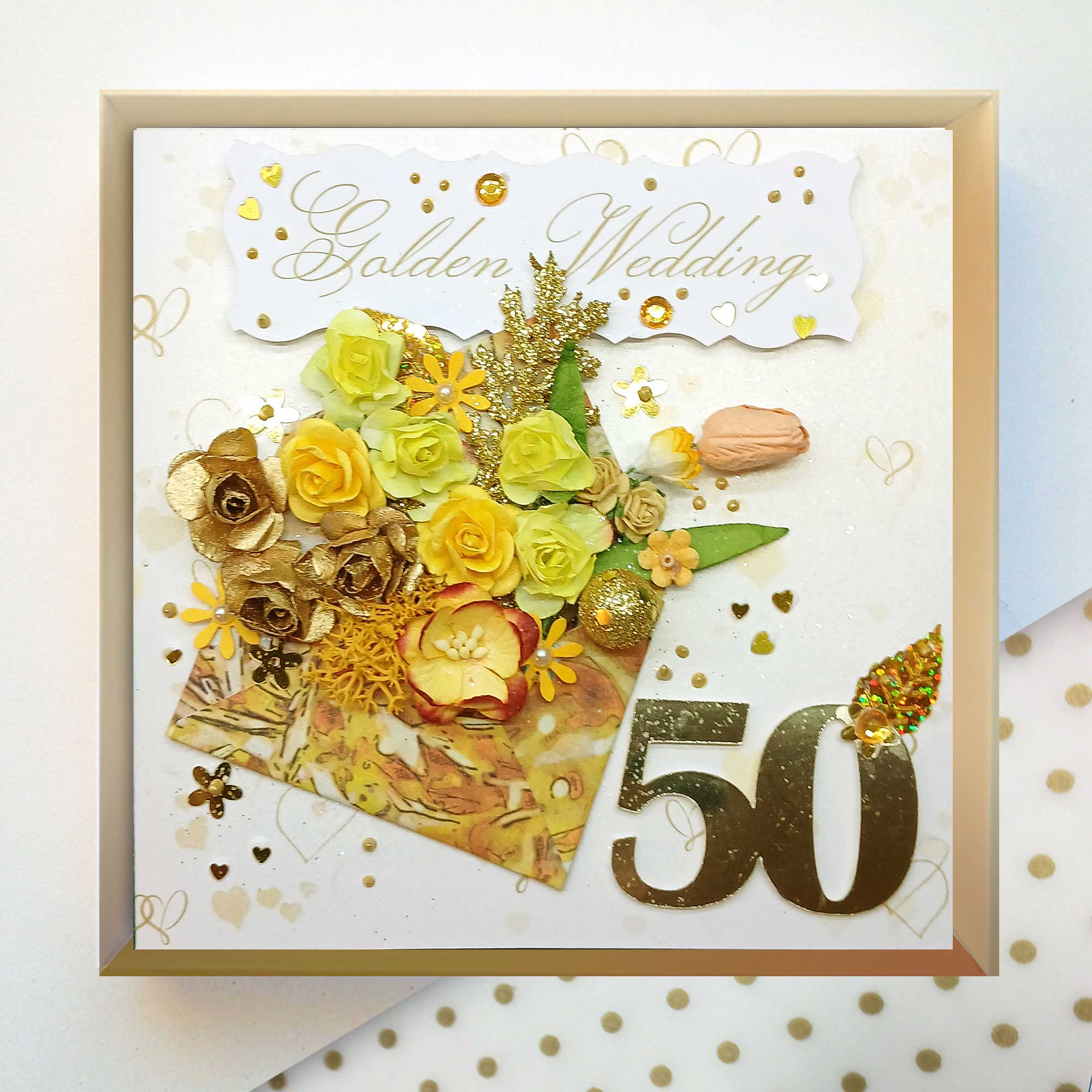 Luxury Golden Wedding Card : 3D Boxed 50th Wedding Anniversary Card