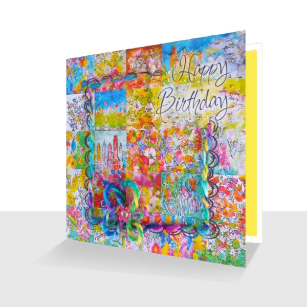 Embroidered Patchwork Birthday Card Colourful Mixed Media Design B