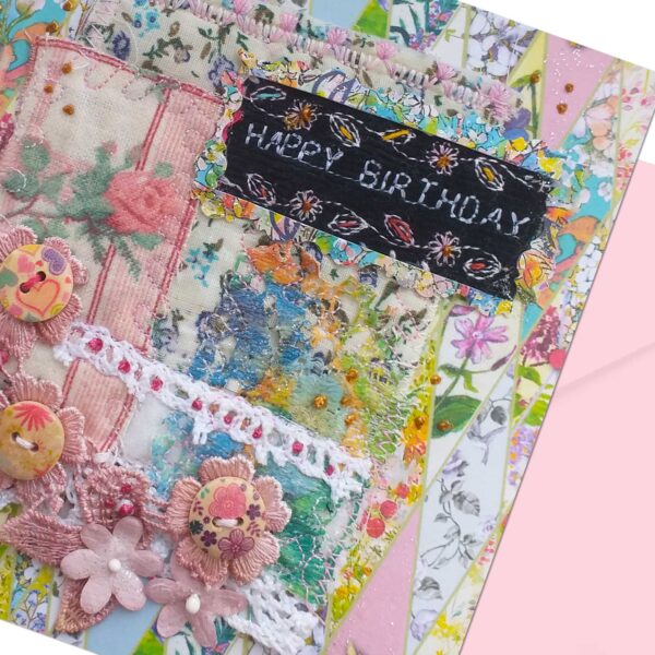 Pink Embroidered Birthday Card Colourful Mixed Media Design