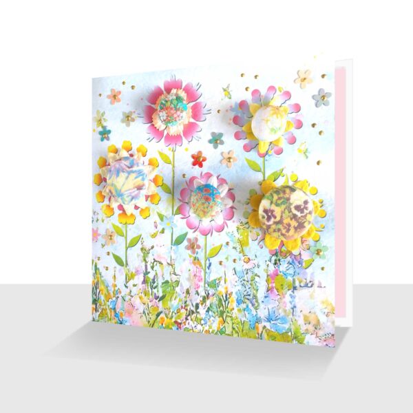 Flower Garden Greeting Card - Hand Made Buttons - All Occasion Card C
