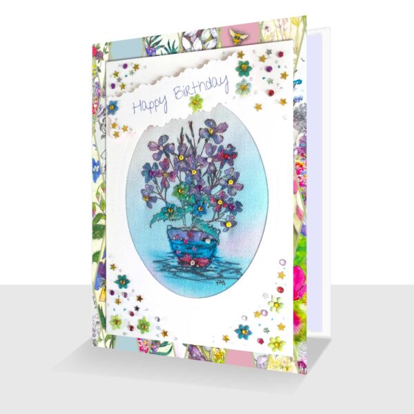 Luxury Textile Happy Birthday Card - Patio Flowers - Purple Colours