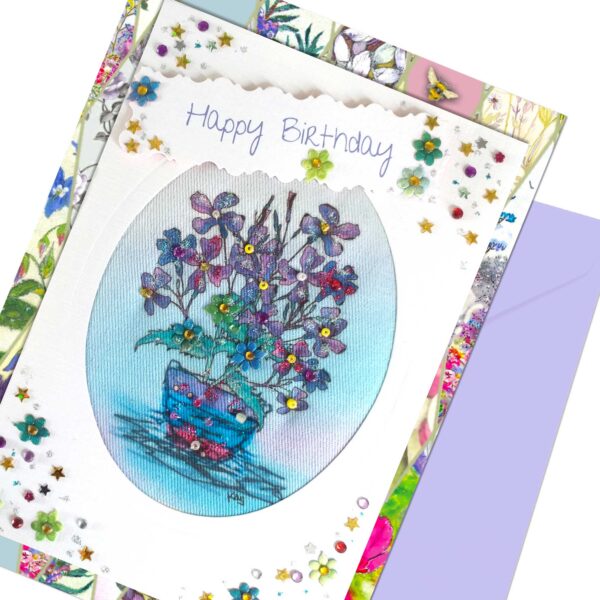 Luxury Textile Happy Birthday Card - Patio Flowers - Purple Colours