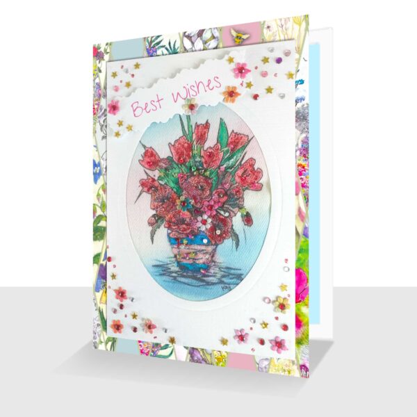 Unique Textile Best Wishes Card - Patio Flowers - Red Colours