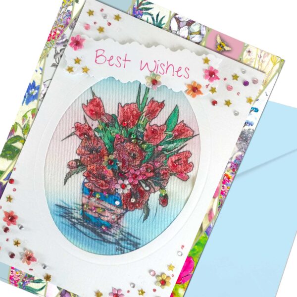 Unique Textile Happy Birthday Card - Patio Flowers - Red Colours