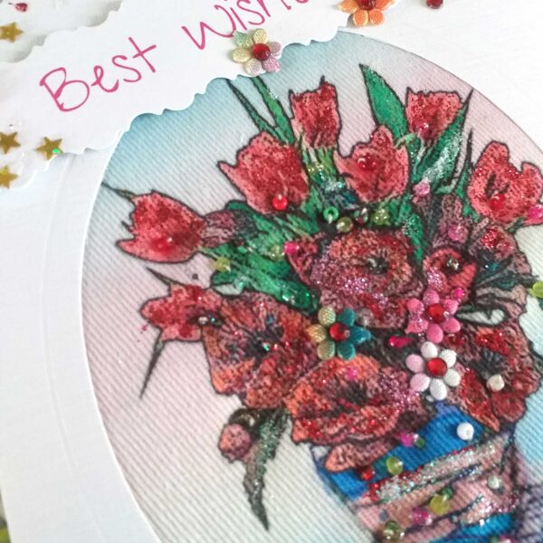 Unique Textile Happy Birthday Card - Patio Flowers - Red Colours