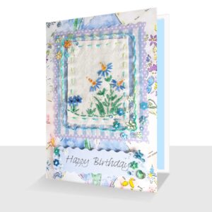 Hand Embroidered Birthday Card Luxury Blue Floral