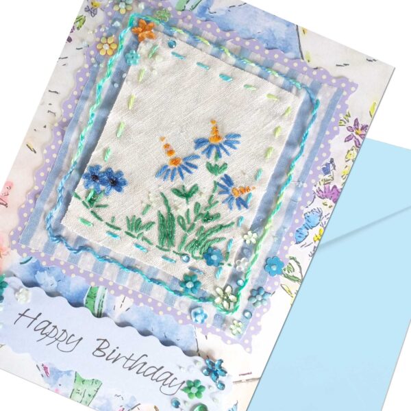 Hand Embroidered Birthday Card Luxury Blue Floral