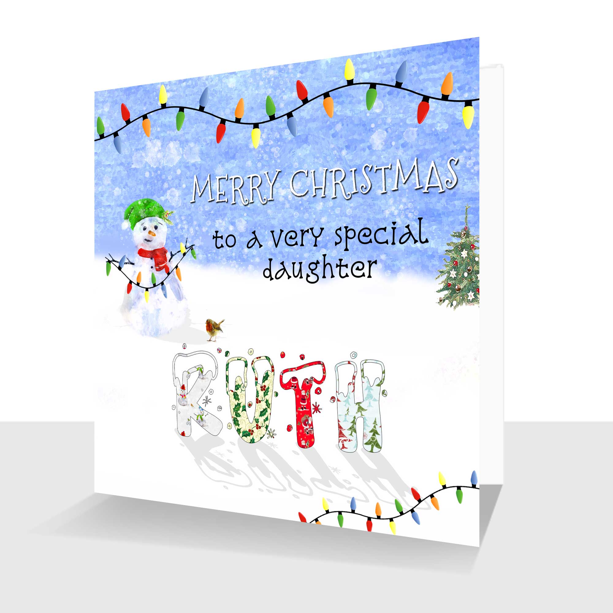 Luxury Customised Christmas Card for any name. Cute Snowman Personalised