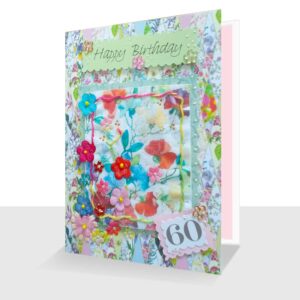 Textile 60th Birthday Card Sweet Peas Patchwork
