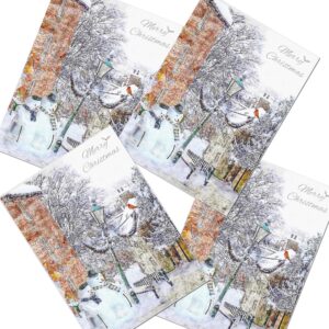Christmas Cards Lincoln Pack of 4 Steep Hill Snowmen "Wishing you a Very Merry Christmas and a Happy New Year"from an original painting.