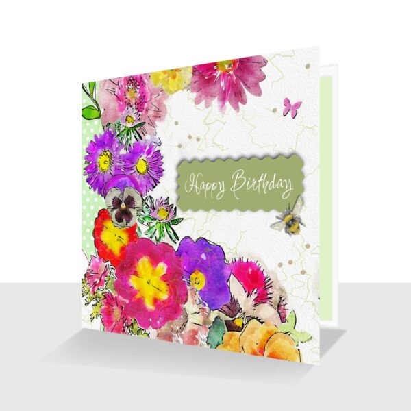 Birthday Card Spring Flowers : Pansies and Primroses