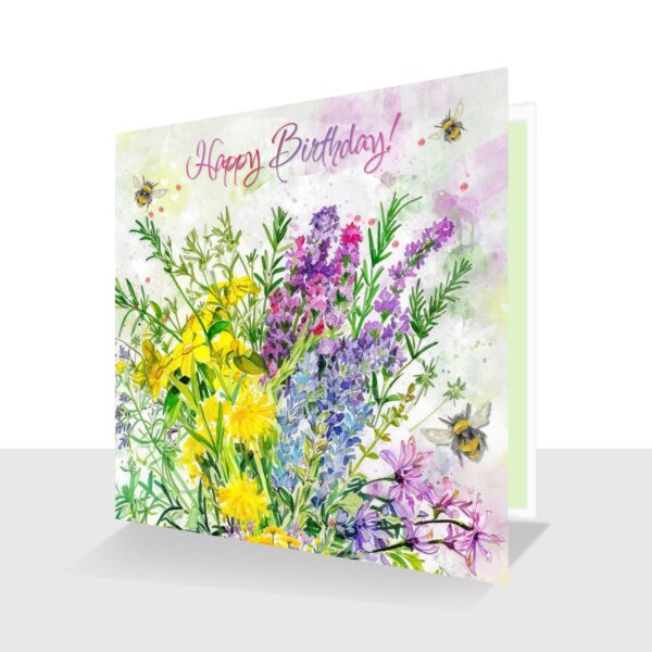 Happy Birthday Card Wildflowers - Luxury finish with Bees