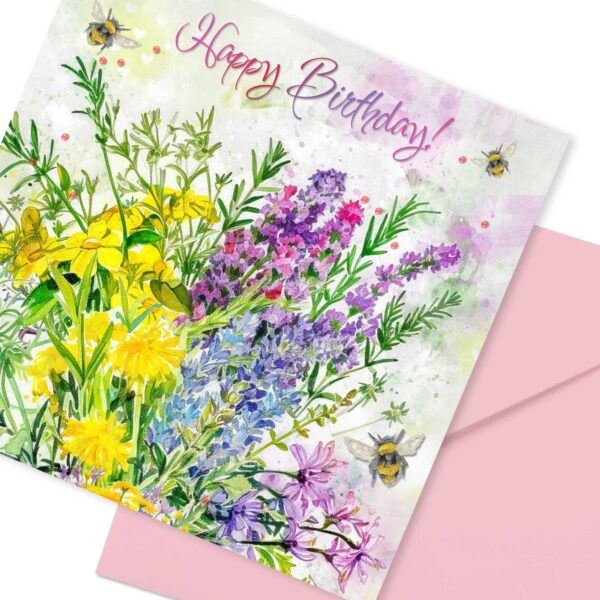 Happy Birthday Card Wildflowers - Luxury finish with Bees