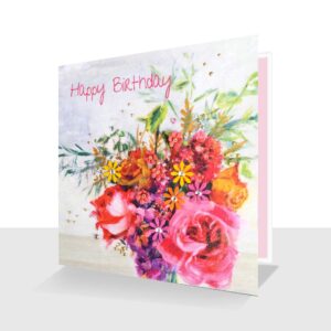 Embellished Happy Birthday Card Roses and Wallflowers Hand Finished