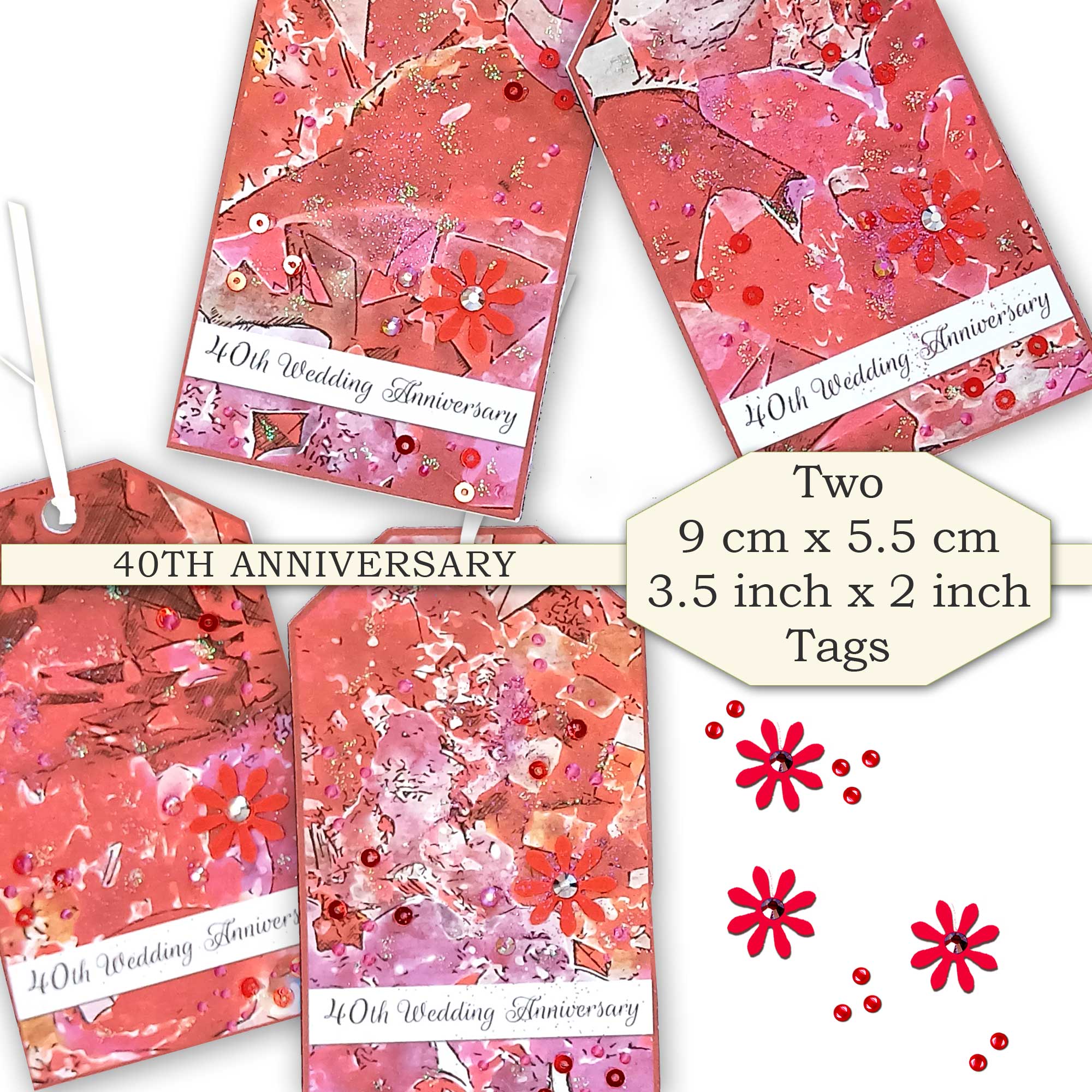 40th Anniversary Gift Tags – Ruby Wedding Hand Finished, Set of 2