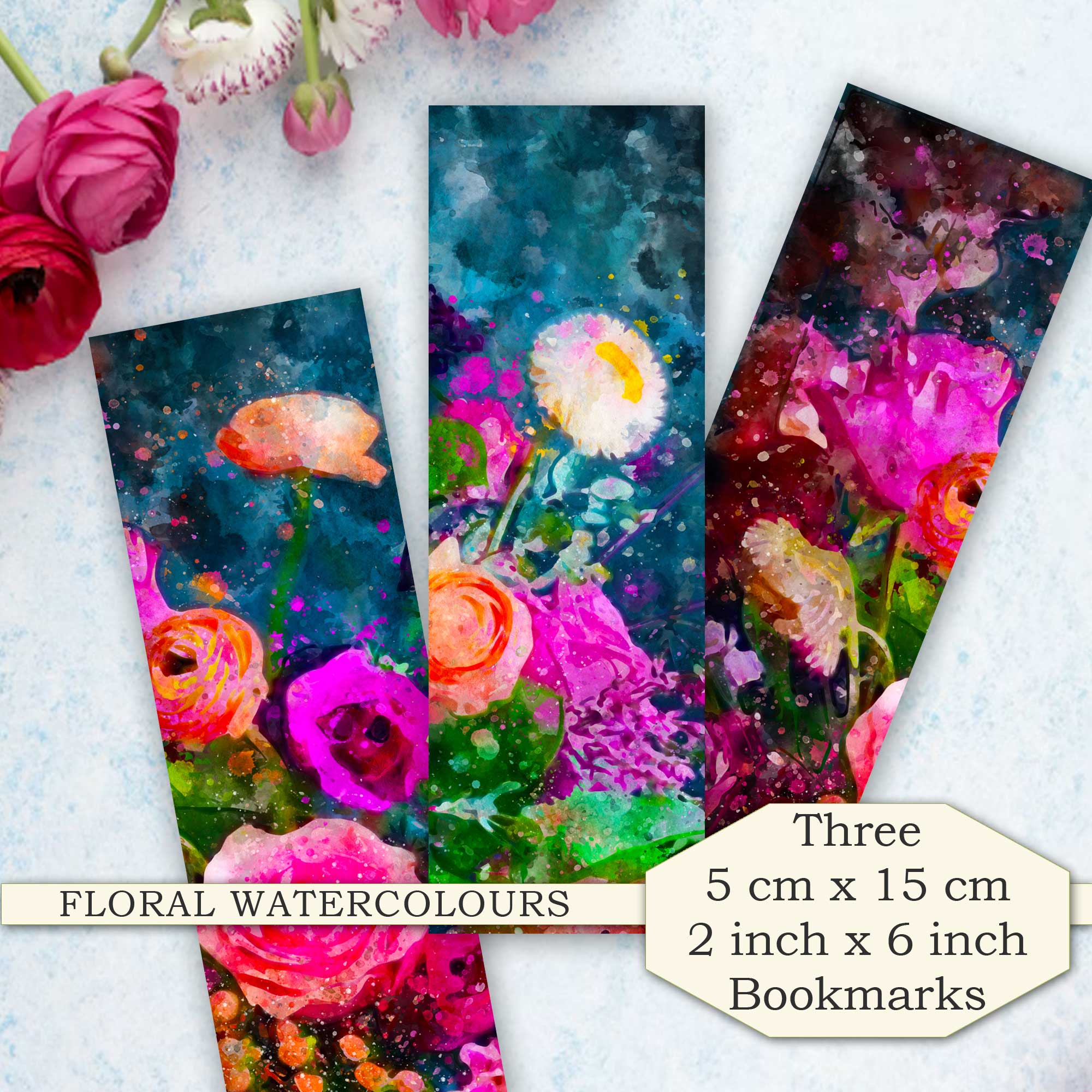 Aqua Floral Bookmarks Three Pack - Watercolour Design Four