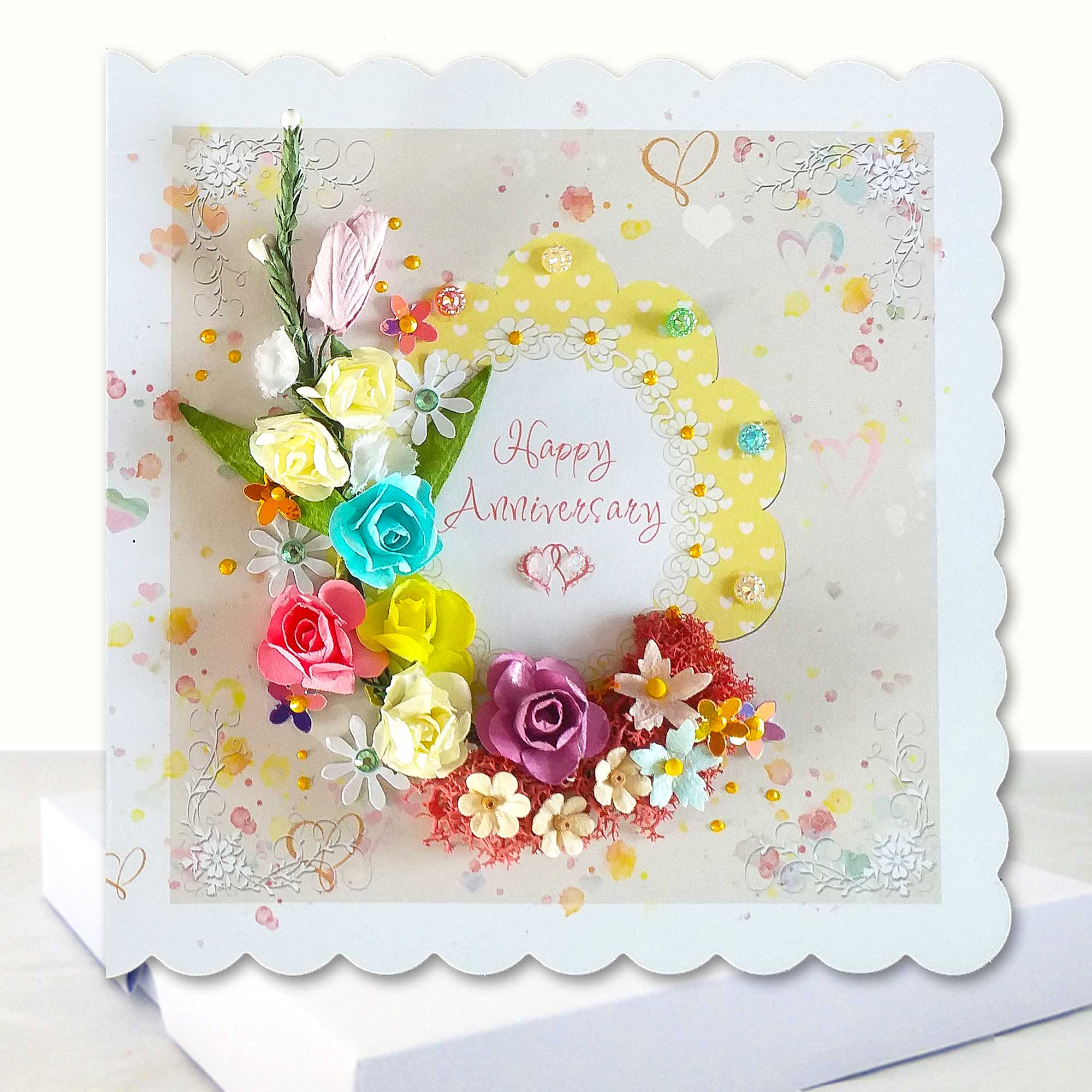 Luxury Happy Anniversary Boxed Card Hearts and Flowers