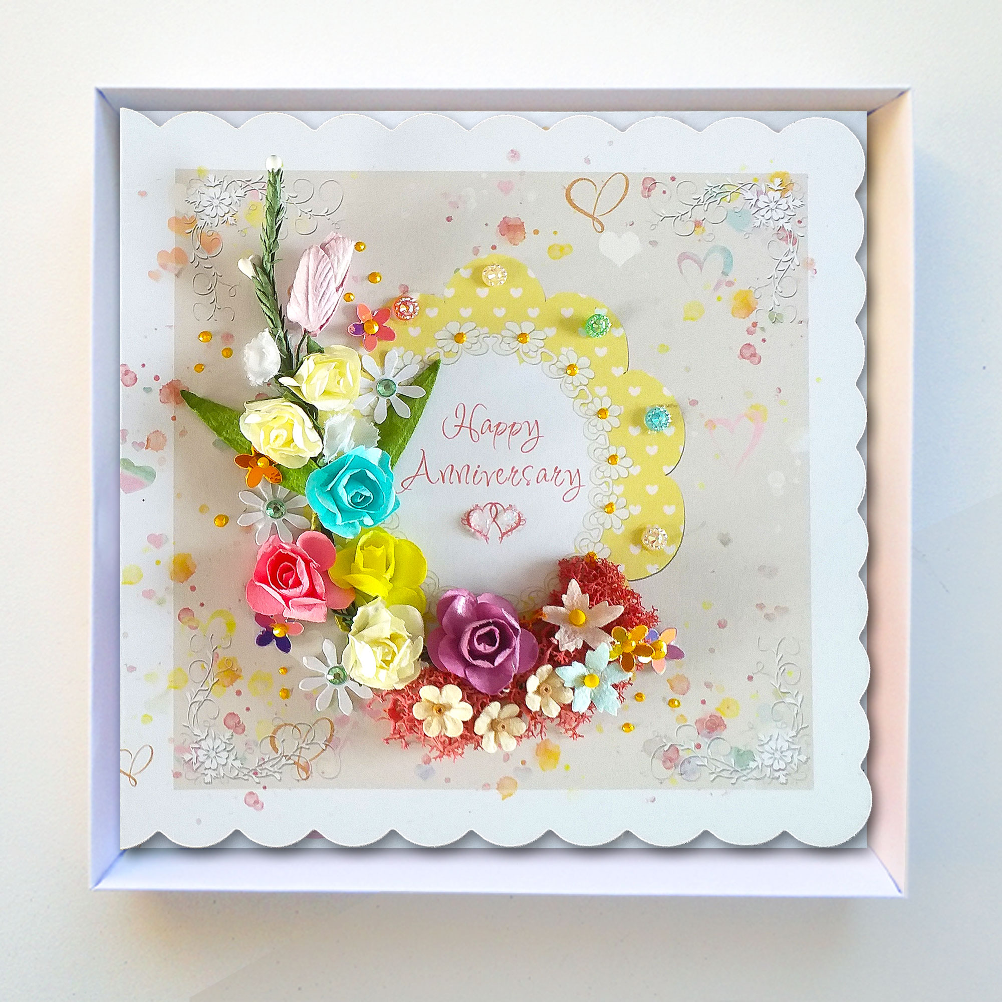 Luxury Happy Anniversary Boxed Card Hearts and Flowers