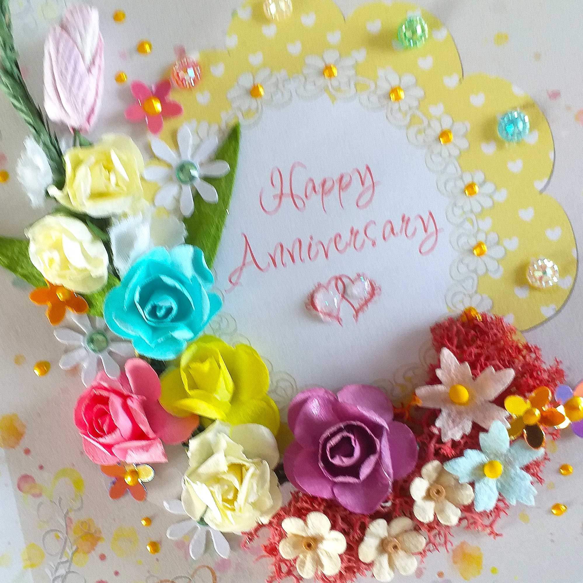Luxury Happy Anniversary Boxed Card Hearts and Flowers
