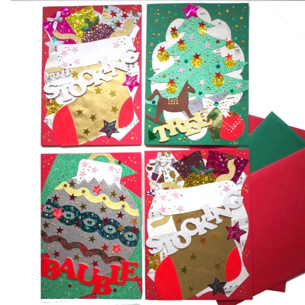 Colourful Handmade Christmas Cards Pack of 4 Cards Pack B