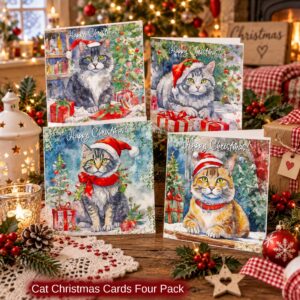 Christmas Cats Cards 4 Pack of Cute Cat Cards