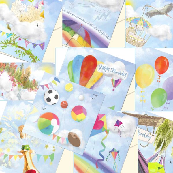 Big Greeting Card Bundle of all Occasion Cards 10 Designs Fun Colourful Watercolours