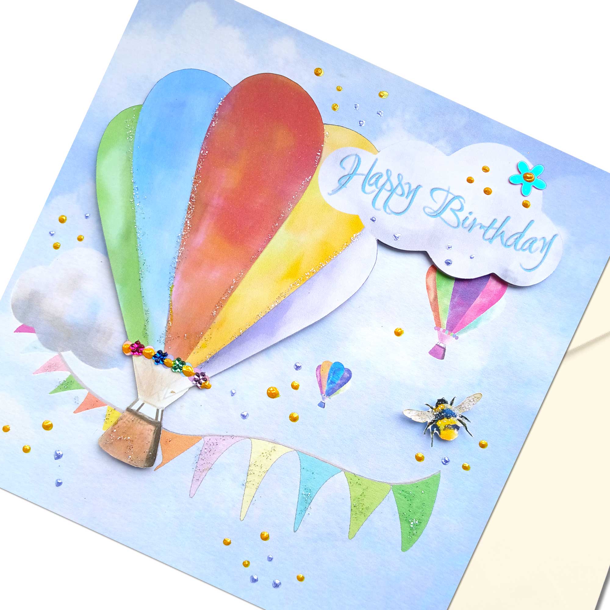 Pretty Embellished Happy Birthday Hot Air Balloons Card 3D