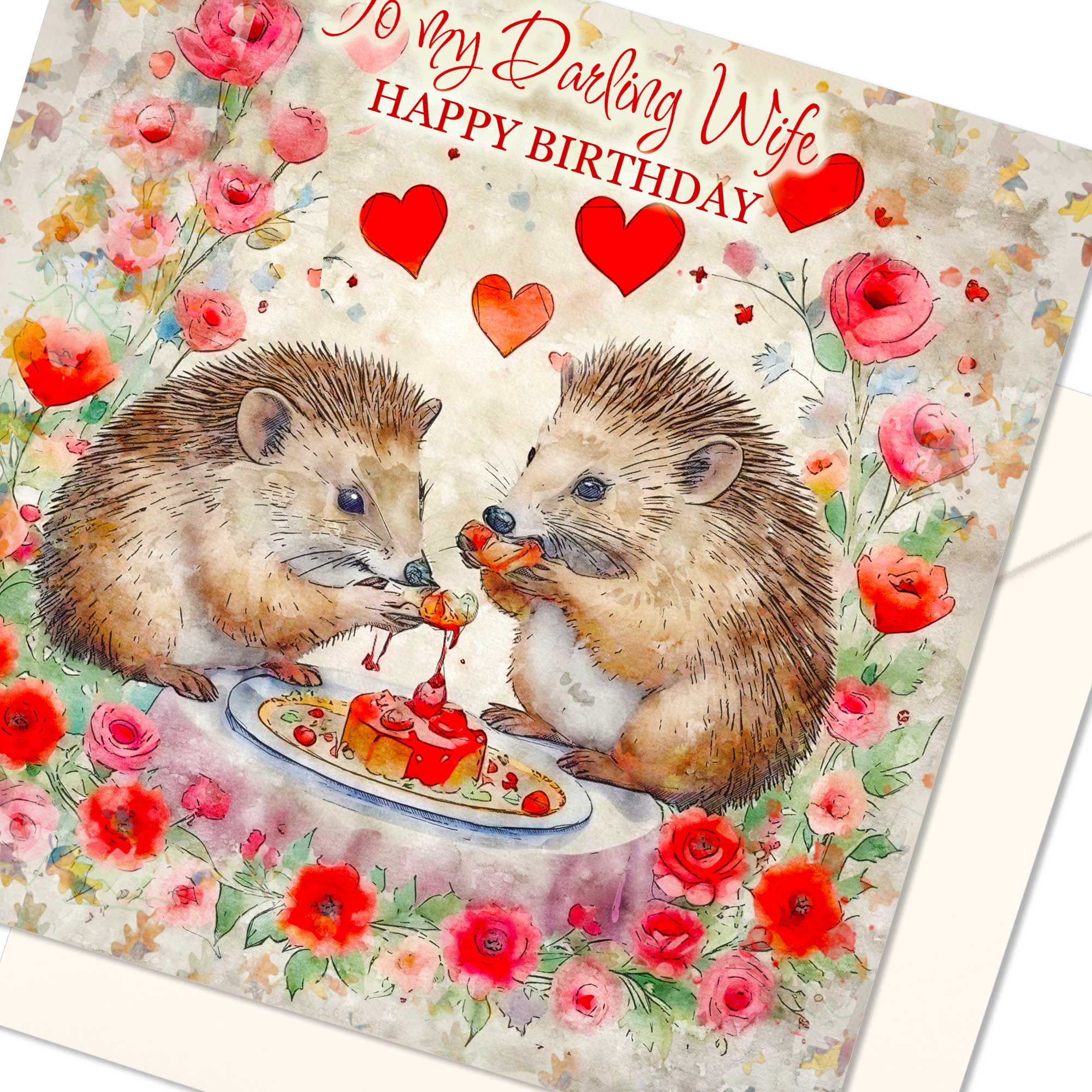 Darling Wife Happy Birthday Card Whimsical Hedgehogs