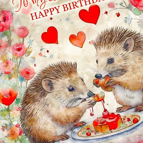 Darling Wife Happy Birthday Card Whimsical Hedgehogs